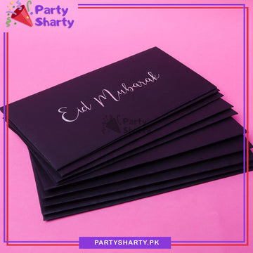 Silver Eid Mubarak Printed Black Color Eidi Envelopes (Pack 10) For Eid Celebration